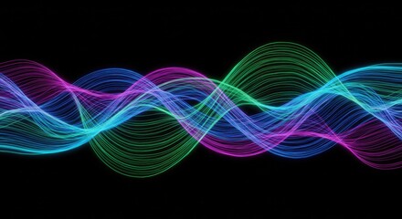 Multiple colorful glowing sine waves undulate across a dark background