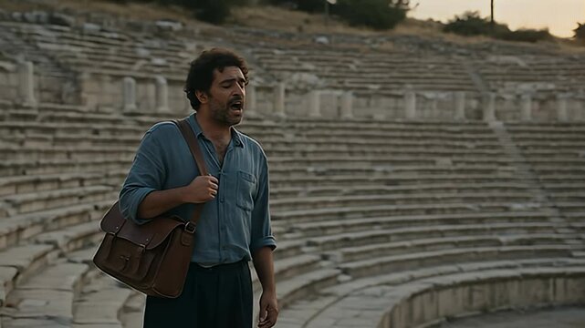 Man with satchel in ancient theatre at sunset