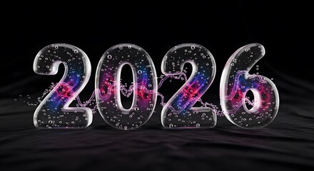 Futuristic transparent 2026 numbers with vibrant internal energy flow and sparkling bubbles, symbolizing innovation and progress ahead.
