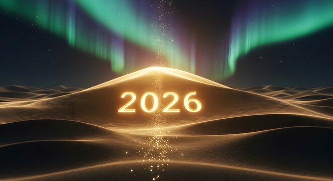 Golden 2026 on desert dune under magical aurora borealis and starry night sky, symbolizing new year, passage of time and future