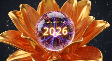 Happy new year 2026 glowing in a plasma sphere, cradled by a golden lotus flower, representing a vibrant, prosperous, and energetic future.