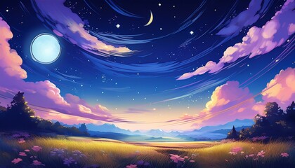 anime night sky glowing with vibrant blues and purples scattered with sparkling stars and a soft crescent moon horizon placed in golden ratio with a quiet meadow in the foreground