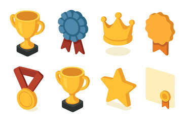 Collection of awards and achievement symbols including trophies, medals, crowns, and certificates
