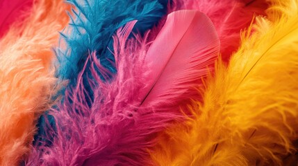 Macro shot of fluffy feather boas in bold colors, focusing on the softness of the feathers and the dynamic interplay of hues