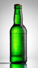 Blue glass bottle with condensation on white background
