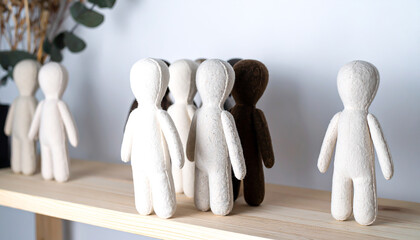 Faceless Wool Dolls Grouped on Shelf with Neutral Tones for Editorial Use