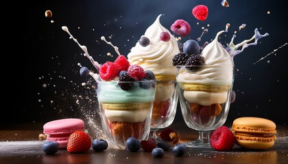 decadent dessert glasses overflow with whipped cream berries and macarons in a dynamic splash