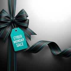 Cyber monday sale design template. Decorative black bow with blue price tag and long ribbon. Cyber Monday / Black Friday sale