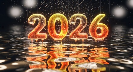 Glistening 2026 numbers, translucent and vibrant, dripping golden liquid and reflecting on a rippled surface, new year's eve concept