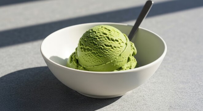 Green ice cream scoop in white bowl