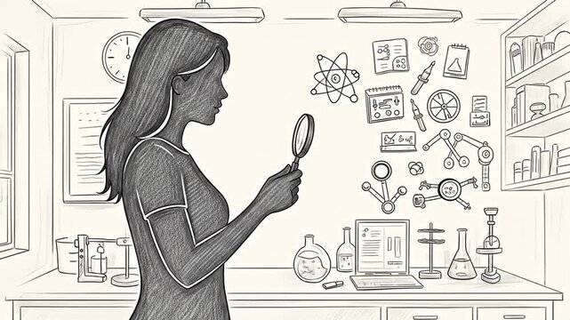 Stylized drawing woman with magnifying glass in a laboratory setting with doodles