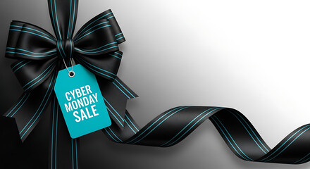 Cyber monday sale design template. Decorative black bow with blue price tag and long ribbon. Cyber Monday / Black Friday sale