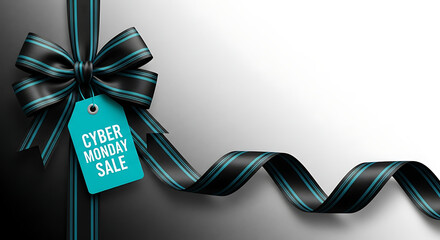 Cyber monday sale design template. Decorative black bow with blue price tag and long ribbon. Cyber Monday / Black Friday sale