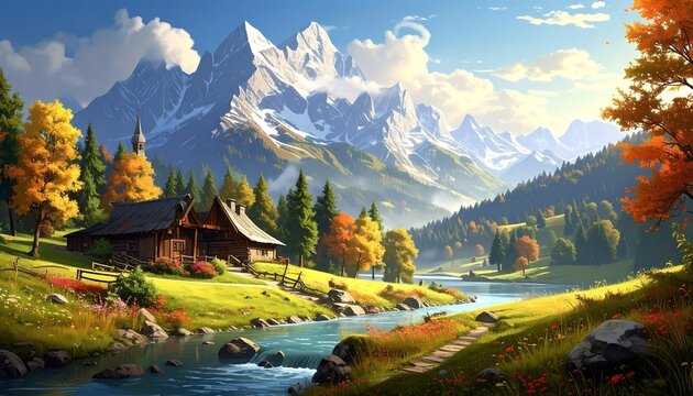 Scenic mountain landscape featuring a village nestled by a river with autumn trees and snow-capped peaks in the background