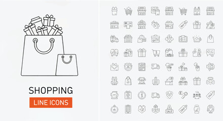 Shopping bag with gifts a set of minimalist line icons for e-commerce vector illustration isolated o