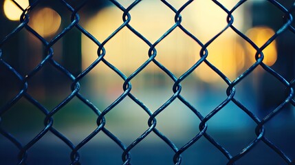 Fototapeta premium Metal chain-link fence captured with blurred edges and soft lighting, showing detail and perspective