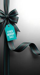 Cyber monday sale design template. Decorative black bow with blue price tag and long ribbon. Cyber Monday / Black Friday sale