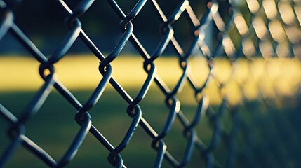Fototapeta premium Metal chain-link fence captured with blurred edges and soft lighting, showing detail and perspective