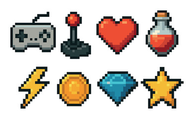 Pixel art icons: joystick, heart, potion, lightning, coin, gem, star on yellow background