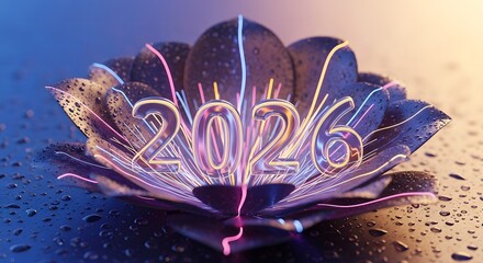 Futuristic 2026 numbers with vibrant neon glow on abstract lotus petals, sparkling with water drops, symbolizing new year innovation.