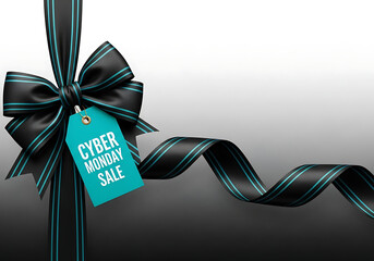 Cyber monday sale design template. Decorative black bow with blue price tag and long ribbon. Cyber Monday / Black Friday sale