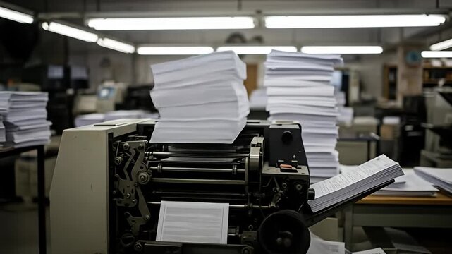 Paper piles on an automated collating machine inside a bright industrial setting