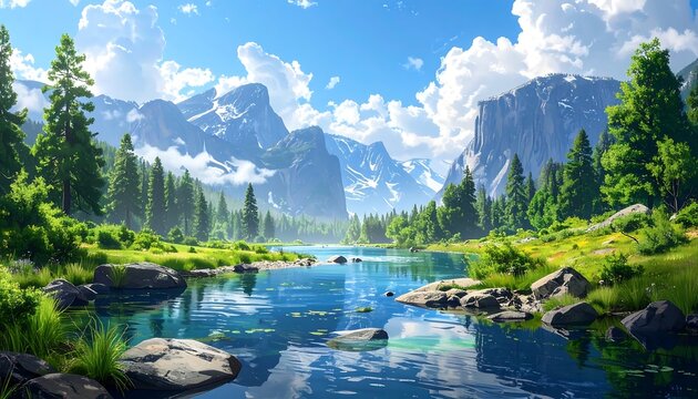 Scenic illustration depicting a vibrant alpine landscape. A tranquil lake mirrors lush greenery, rugged mountains, and a bright, cloud-filled sky