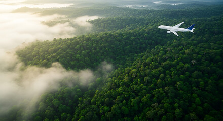 White passenger airplane flying above foggy green forest during sunrise. Aerial view of aircraft over mountain landscape for travel concept. aeroplane travel through nature and landscapes