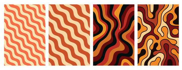 Retro wavy abstract background in warm red and orange tones with fluid lines and 70s style design
