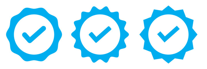 Blue Verified badge icon set. Blue tick check with social media account icon. Set of check mark icons. approved profile sign. white tick in blue circle. Social media official account tick symbol.