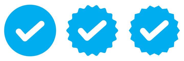 Blue Verified badge icon set. Blue tick check with social media account icon. Set of check mark icons. approved profile sign. white tick in blue circle. Social media official account tick symbol.