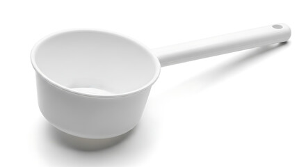 White plastic measuring scoop on a white background, ideal for kitchen use and ingredient measurement