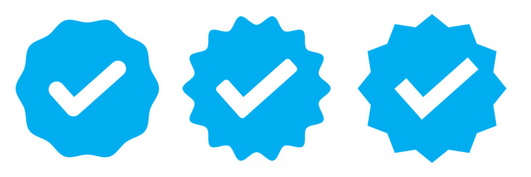 Blue Verified badge icon set. Blue tick check with social media account icon. Set of check mark icons. approved profile sign. white tick in blue circle. Social media official account tick symbol.