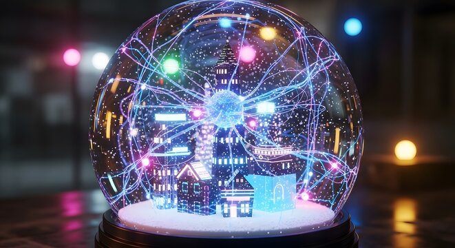 A 3D render of a glass snow globe containing a holographic, spinning Christmas village and AI neural network connections instead of snow