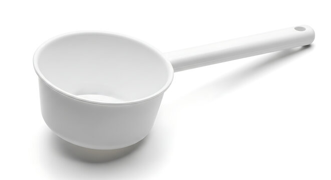 White plastic measuring scoop on a white background, ideal for kitchen use and ingredient measurement