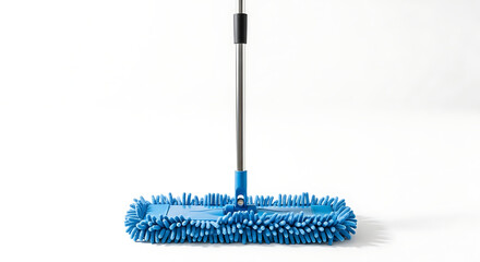 A blue microfiber flat dust mop with a long metal handle for efficient floor cleaning, an essential household tool for daily chores isolated on a white background