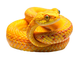 A coiled bright yellow viper snake with intricate scales and piercing eyes, isolated on a clean transparent background, showcasing its vibrant coloration and reptilian features in a studio shot