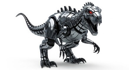 Mechanical tyrannosaurus rex with red eyes isolated on white background, 3d