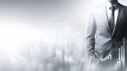 Businessman in Suit with Modern City Skyline, Abstract Corporate Background