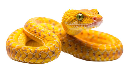 A striking closeup of a vibrant yellow eyelash viper snake coiled and isolated on a pure transparent background, showcasing its intricate scales and piercing green eyes