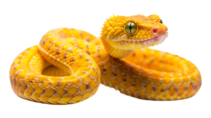 A striking closeup of a vibrant yellow eyelash viper snake coiled and isolated on a pure transparent background, showcasing its intricate scales and piercing green eyes