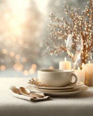 Fototapeta premium Luxury White Christmas Dinner Table in Silver and White Tones with Crystal Glassware, Silver Cutlery, Floating Candles, Snowflake Napkins, and Snowy Floral Arrangements, Elegant Bokeh Background