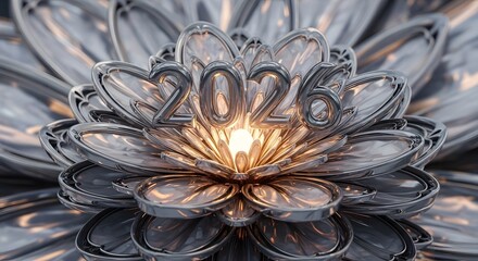 Metallic 2026 numbers glowing within an intricate futuristic silver lotus structure, symbolizing new beginnings and annual milestones