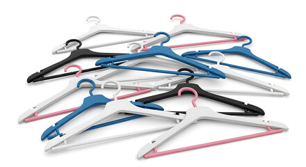 Colorful modern plastic clothes hangers in black, white, pink, and blue, casually arranged on a bright white background, ideal for fashion, retail, and apparel organization concepts