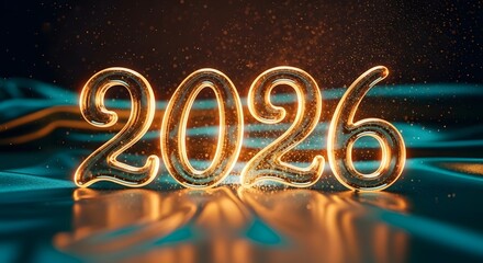 Glistening transparent 2026 numbers with vibrant orange glow and sparkling particles on a reflective teal surface, symbolizing future prosperity.