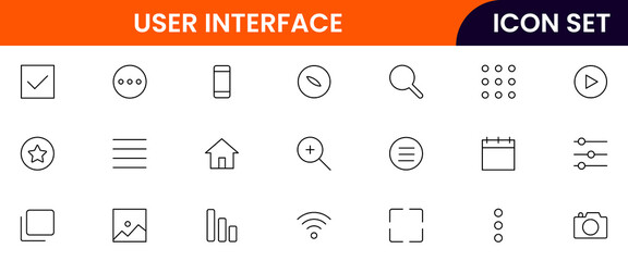 User Interface UI, UX web icons in line style. User, profile, message, mobile app, document file, social media, button, home, chat, arrow, collection. Vector illustration.
