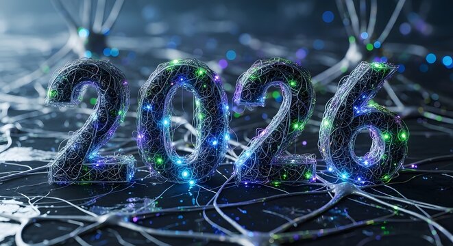 Futuristic digital year 2026 composed of intricate illuminated neural network wires and glowing data connections, symbolizing progress. - Powered by Adobe