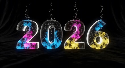 2026 new year concept with clear glass numbers featuring vibrant swirling liquid colors and rising bubbles, modern digital art illustration.