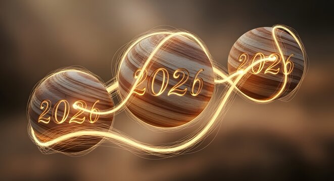 Glowing 2026 numbers on interconnected wooden spheres, dynamically linked by golden light trails, symbolizing future success, innovation, and progress.