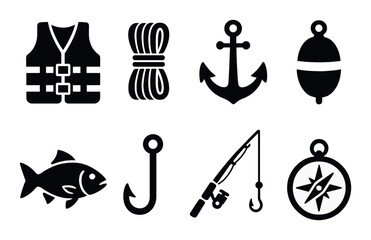 Nautical icons: life jacket, rope, anchor, buoy, fish, hook, fishing rod, compass